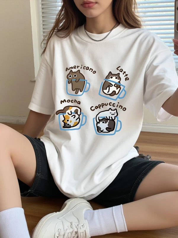 Casual-Couple-Cotton-T-Shirt-Mens-Womens-Korean-Cartoon-Cat-Printed-Plus-Size-Summer-Breathable-Crew-Neck