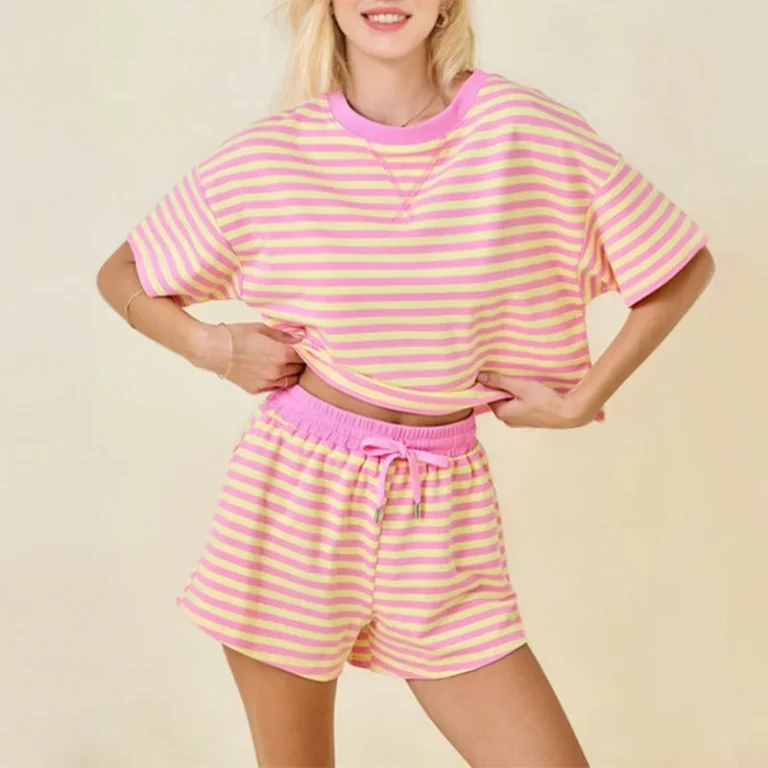 Casual-Crew-Neck-Striped-T-shirt-Terry-Short-Sleeves-T-shirts-Pullover-Shorts-Two-Piece-Set-Womens-Wear