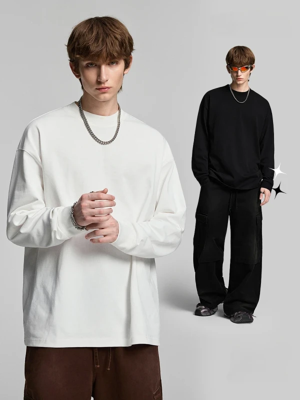 Casual-Simple-Versatile-High-Street-Long-Sleeve-T-Shirt-Loose-Laid-back-Solid-Color-Custom-made-OEM