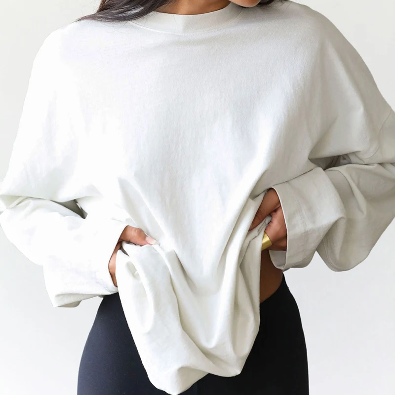Casual-T-shirt-100-Cotton-Women-Blank-Crew-Neck-Long-Sleeve-White-T-shirt-Ladies-Custom-Tee