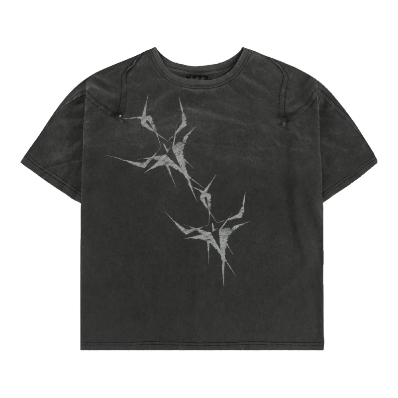 Charcoal-Black-Panel-Stitch-Short-Tee-Cloud-Fade-Finish-Custom-Graphic-Print-Minimal-Futuristic-Urban-Loose-Casual-Top