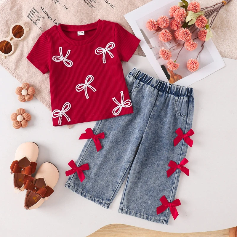Children-Girls-Casual-Sweet-Bow-Printed-Short-Sleeve-T-Shirt-Denim-Bow-Pants-Two-Piece-Set