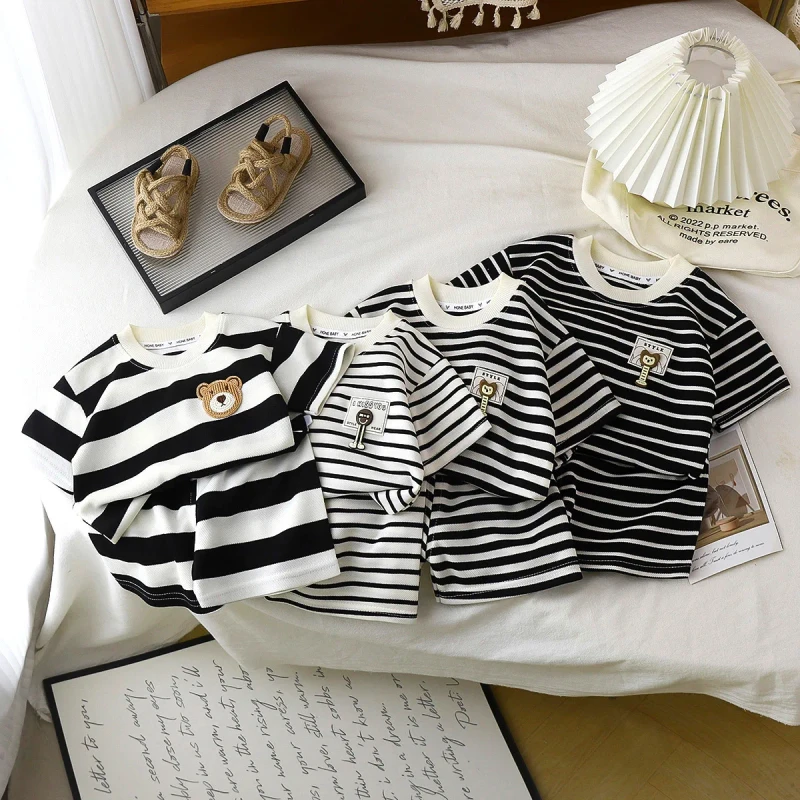 Childrens-Casual-Cotton-Short-Sleeve-Two-Piece-Set-Black-and-White-Striped-Boys-T-Shirt-and-Shorts-Summer-Clothing