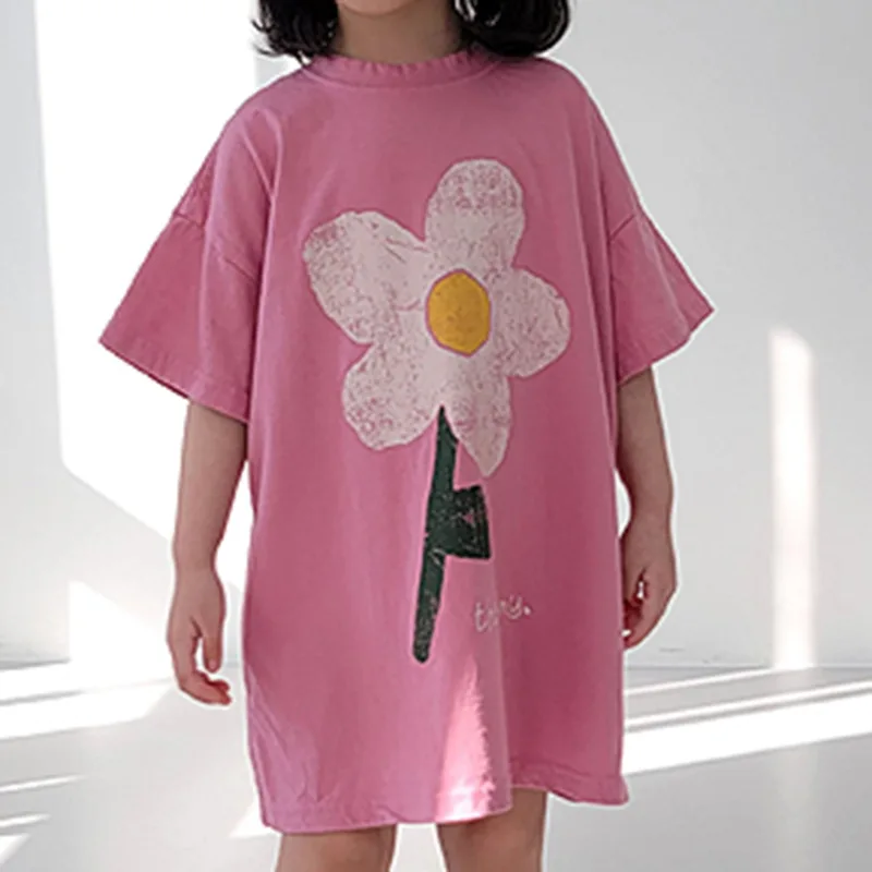 Childrens-Korean-Style-Ins-Fashion-Summer-Short-Sleeved-Long-Shirt-with-Small-Flower-Print-O-Neck-Collar-New-Short-Skirt