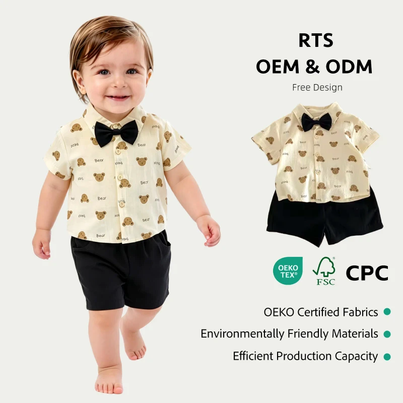 Childrens-Summer-Short-sleeved-Printed-Bear-T-shirt-Kid-Casual-Tops-Baby-Boy-Clothing-Set