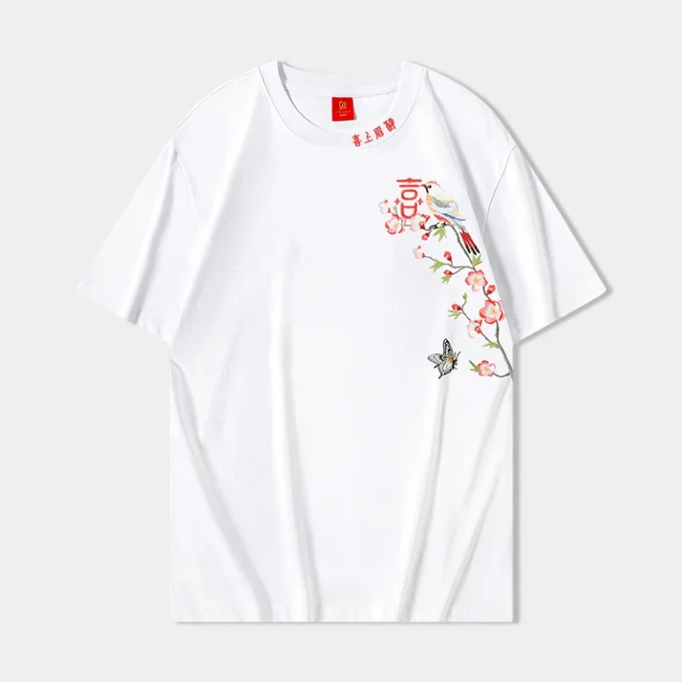 Chinese-Embroidery-Pattern-Magpies-Butterflies-Plum-Blossoms-Round-neck-Short-Sleeve-100-Cotton-Oversized-Breathable-T-shirt