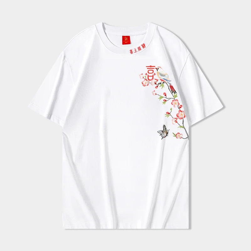 Chinese-Embroidery-Pattern-Magpies-Butterflies-Plum-Blossoms-Round-neck-Short-Sleeve-100-Cotton-Oversized-Breathable-T-shirt