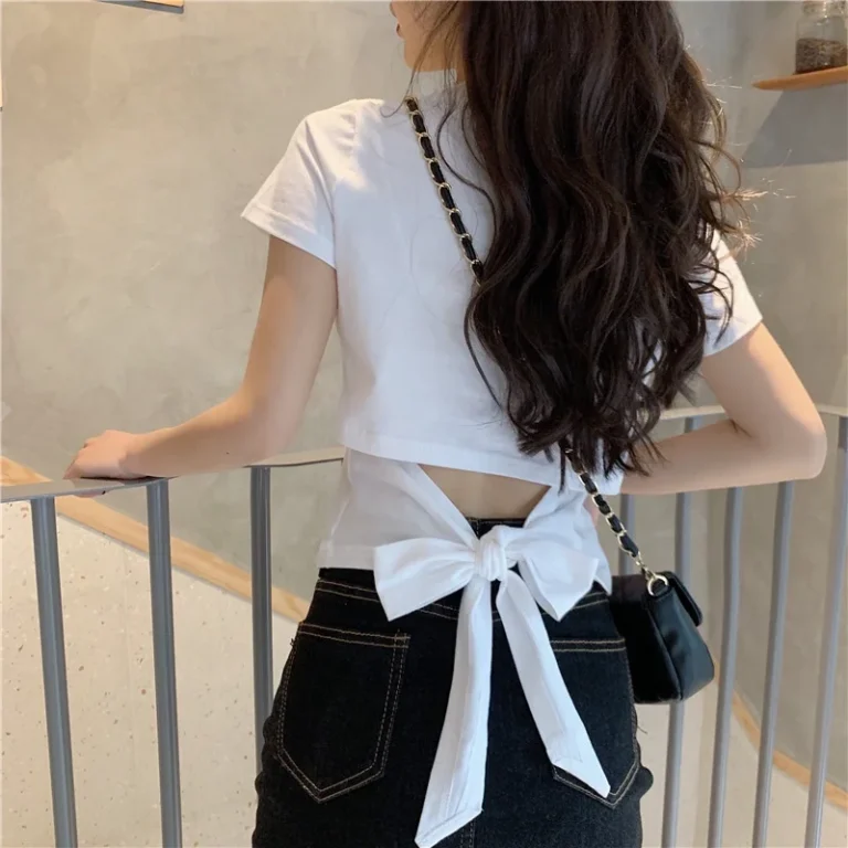 Classic-Womens-T-shirts-Backless-Short-sleeved-Blouse-Fashionable-Crop-Top