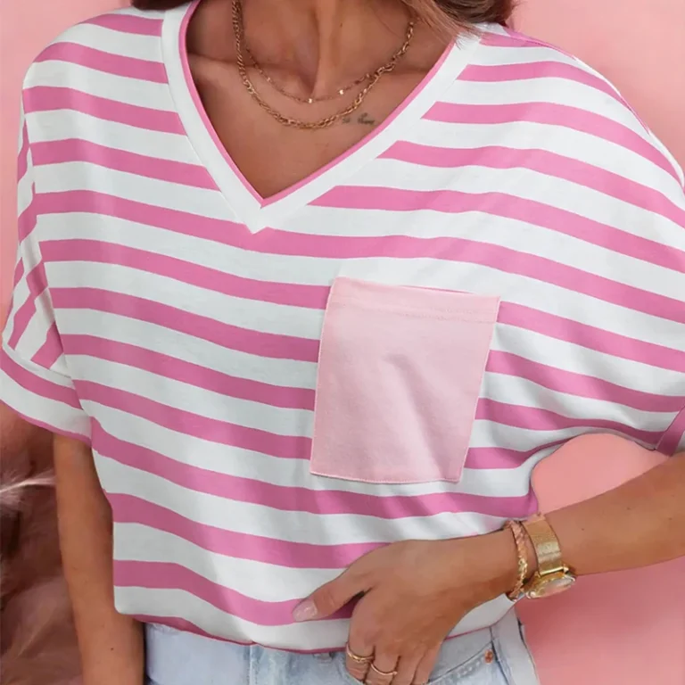 Color-Block-Striped-Casual-Pocket-Short-Sleeve-T-Shirt-Summer-Cotton-Blend-Womens-Pink-White-Stripe-V-Neck-T-Shirt
