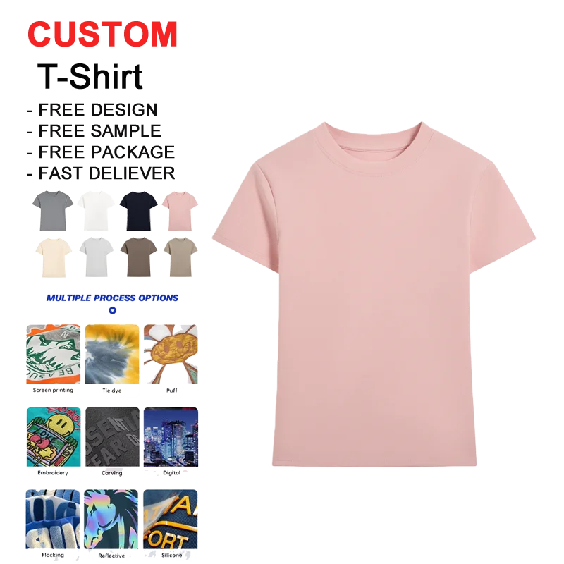 Cotton-3D-Embossed-Slim-Fit-Plain-O-Neck-220GSM-Summer-T-Shirts-Custom-Logo-Women