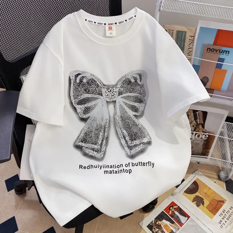 Cotton-American-Advanced-Design-Heavy-Industry-Crystal-Diamond-Bow-Short-Sleeve-T-shirt-Womens-Summer-Crewneck-Top