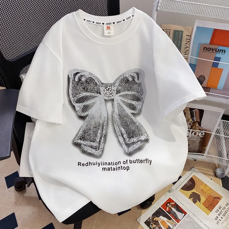 Cotton-American-Advanced-Design-Heavy-Industry-Crystal-Diamond-Bow-Short-Sleeve-T-shirt-Womens-Summer-Crewneck-Top