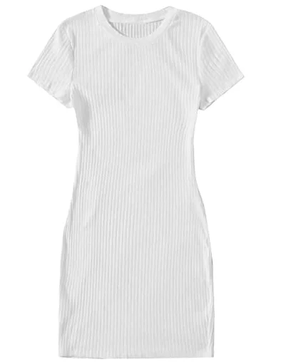 Cotton-Spandex-Short-Sleeve-Round-Neck-Short-Sleeve-Rib-Knit-Tee-Dress-Fitness-Summer-Women-Casual-t-Shirt-Dress
