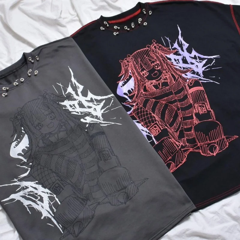Crew-Neck-Short-Sleeved-Custom-T-Shirt-with-Cartoon-Print-Tee-Metal-Eyelet-Street-T-Shirt