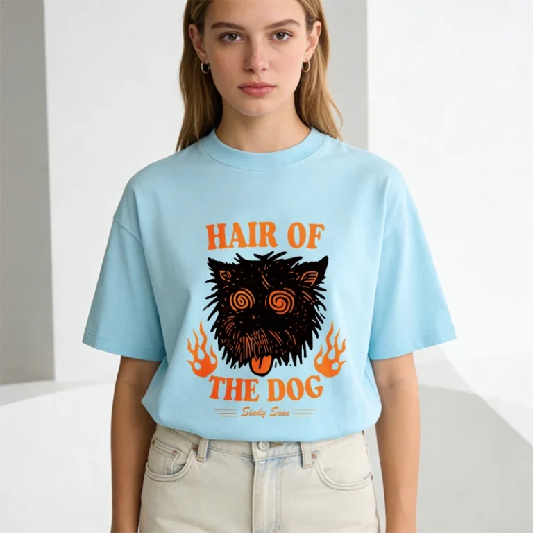 Crew-Neck-T-Shirt-Light-Blue-Hair-of-the-Dog-Black-Cat-With-Flames-and-Orange-Text-Design-for-Casual-Wear-1