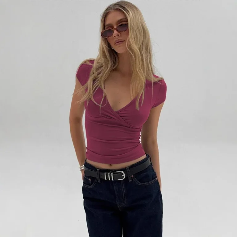Cross-Border-European-American-Style-New-Deep-V-Neck-Solid-Color-Waist-Cinching-Slimming-Figure-Hugging-Cute-T-Shirt