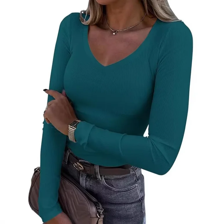 Cross-Border-New-European-American-Casual-Spring-Ribbed-Knit-Soft-Slim-Fit-Solid-Color-Long-Sleeve-Sexy-Womens-T-Shirt