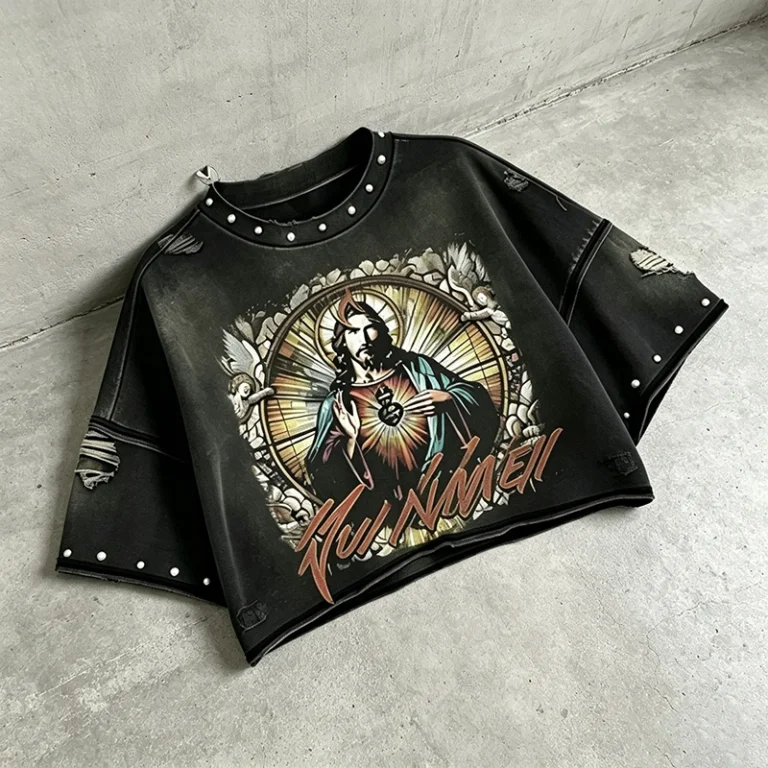Custom-100-Cotton-Cropped-Tees-Raw-Edge-Crop-Drop-Shoulder-DTG-Print-Diamond-Sun-Faded-Wash-Distressed-T-Shirts-Men