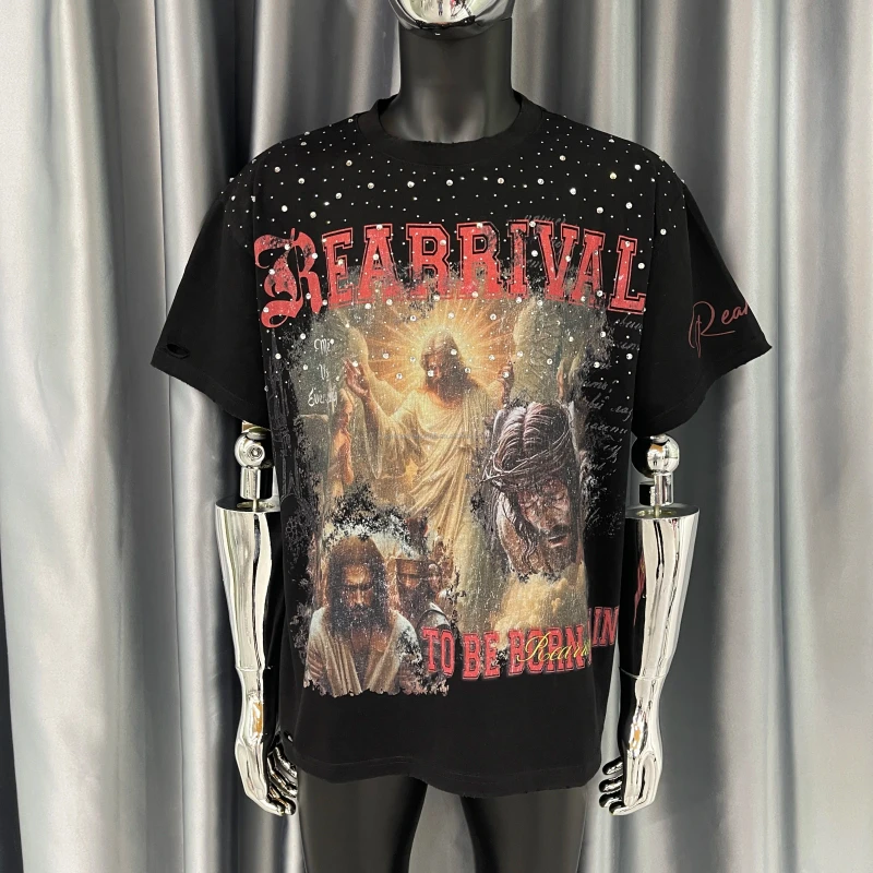 Custom-100-Cotton-Oversized-Heavyweight-Boxy-Fit-Tee-DTG-Printing-Graphic-Sun-Faded-Acid-Washed-Rhinestone-Distressed-T-Shirt