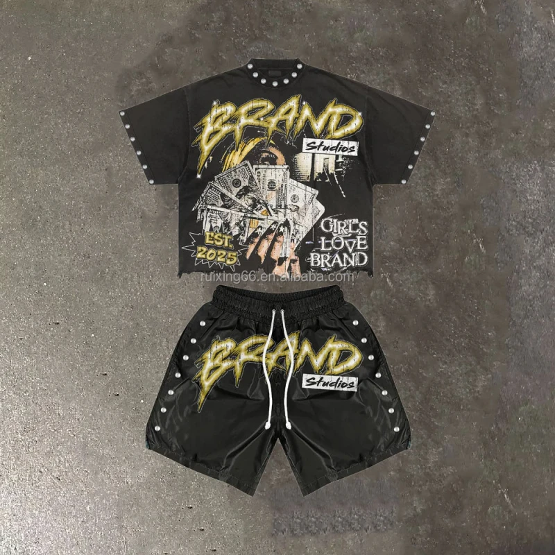 Custom-280gsm-Heavyweight-100-Cotton-Tee-Set-Men-DTG-Graphic-T-Shirt-and-Shorts-Acid-Wash-Distressed-2-Piece-Set