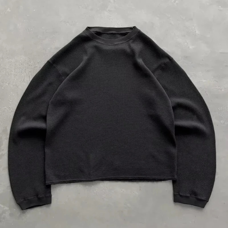Custom-3D-Embroidery-Vintage-Cotton-Oversized-320Gsm-Waffle-Knit-Long-Sleeve-Drop-Shoulder-High-Quality-Unisex-T-Shirts