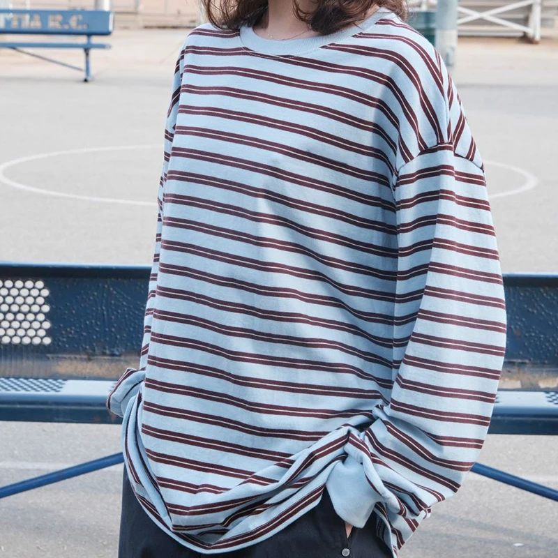 Custom-Cotton-t-shirt-Blue-Striped-Top-Navy-Striped-Oversized-long-sleeve-t-shirt-Summer-New-long-Sleeved-Casual-T-Shirt