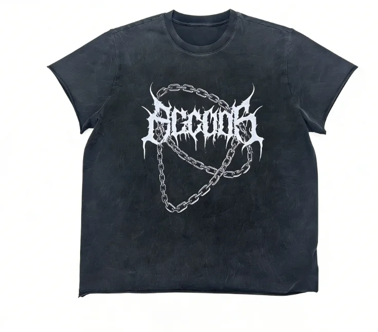 Custom-DTG-Printing-Vintage-Washed-Black-T-Shirt-With-Chain-Logo-Design-For-Men
