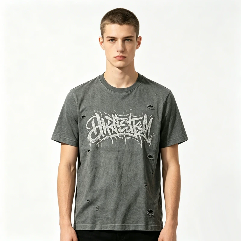 Custom-DTG-T-Shirt-OEM-Supplier-Heavyweight-Cotton-Abstract-Text-Graphic-Tee-Destroyed-Style-Top