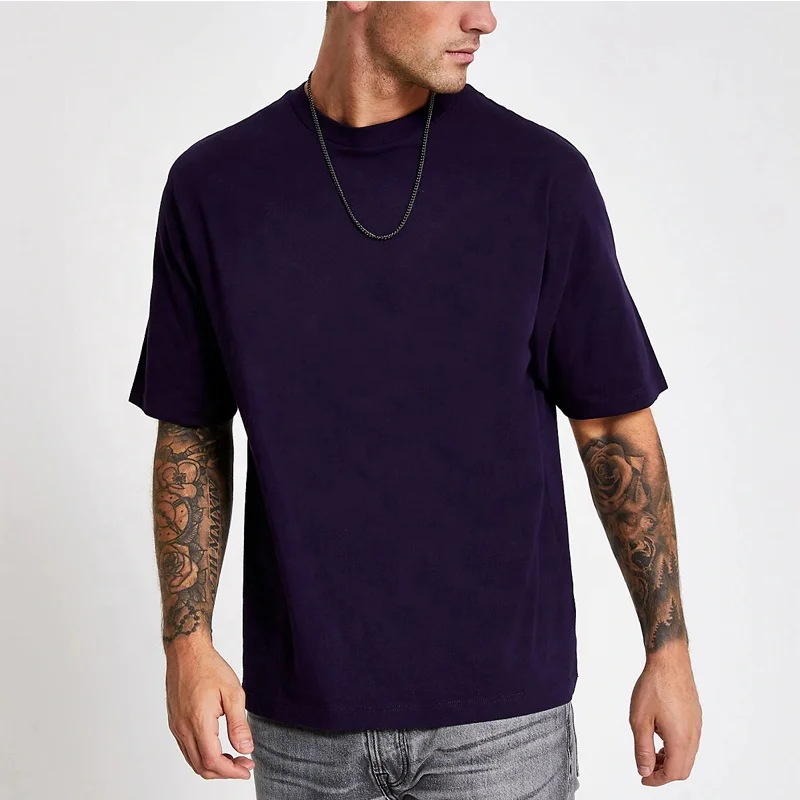 Custom-Embroidered-Logo-Mens-Purple-Short-Sleeve-Plain-Oversized-Fit-Thick-Cotton-T-Shirt