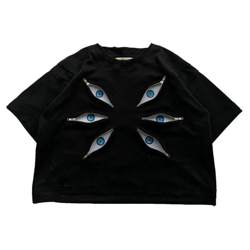 Custom-Heavyweight-100-Cotton-T-Shirt-Double-Collar-Layer-Eye-Zipper-Front-Design-DTG-Print-Tee-Boxy-Cropped-T-shirt