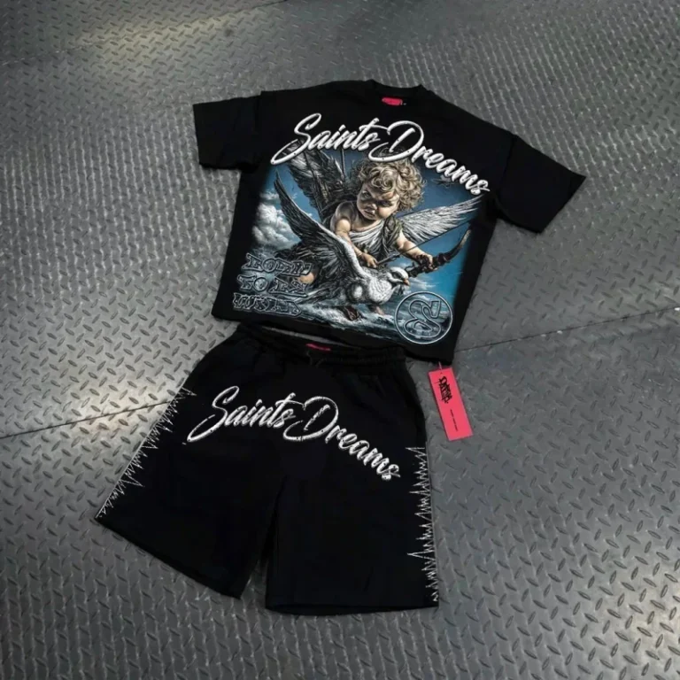 Custom-Heavyweight-Washed-Black-Tee-Rhinestone-DTG-Street-Style-Unisex-T-Shirt-Shorts-Set-for-Men