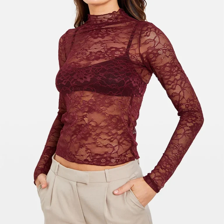 Custom-High-Neck-Fitted-Lace-Long-Sleeve-Crop-Summer-Casual-T-shirt