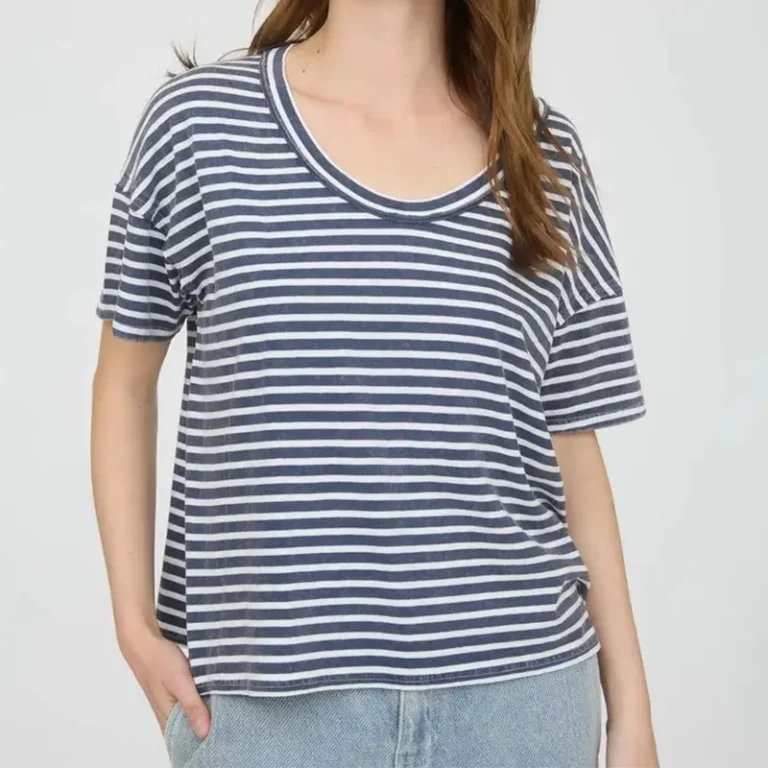 Custom-High-Quality-Casual-Blank-Plain-Women-Striped-T-shirt-Slim-Fit-Cotton-Stripe-U-Neck-Short-Sleeve-Vintage-Striped-T-Shirt