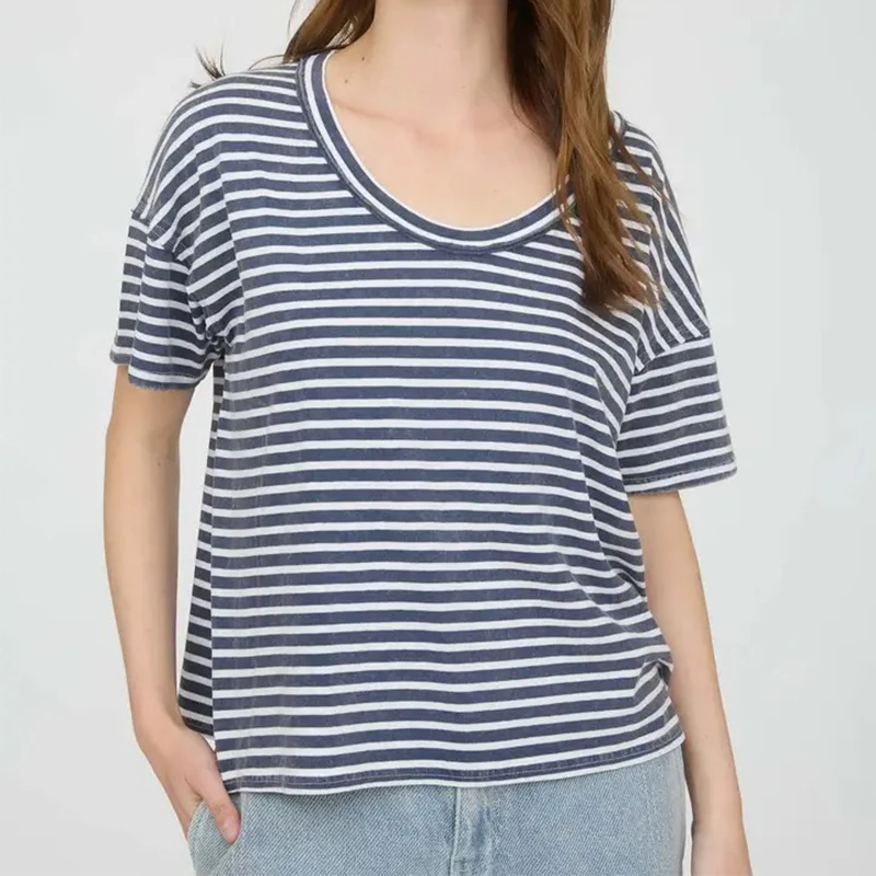 Custom-High-Quality-Casual-Blank-Plain-Women-Striped-T-shirt-Slim-Fit-Cotton-Stripe-U-Neck-Short-Sleeve-Vintage-Striped-T-Shirt
