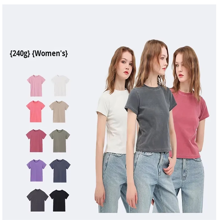 Custom-High-quality-91-Pure-Cotton-Dyed-Retro-Womens-T-shirts-Short-sleeved-Slim-and-Tight