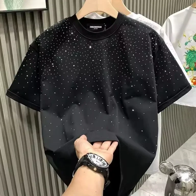 Custom-Hip-Hop-Rhinestone-Neck-Short-Sleeve-Streetwear-Drop-Shoulder-Heavyweight-Cotton-Tshirt-for-Men