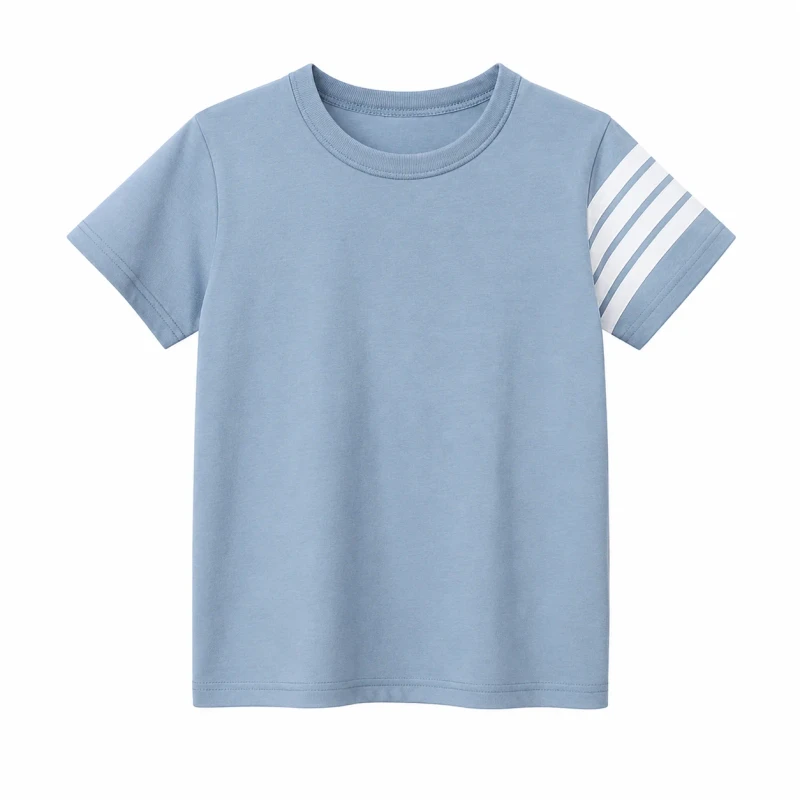 Custom-Kids-Cotton-T-Shirt-Boys-Girls-Stripe-Sleeve-Summer-Tee-Soft-Breathable-Casual-Top-OEM-ODM-Kidswear-Factory