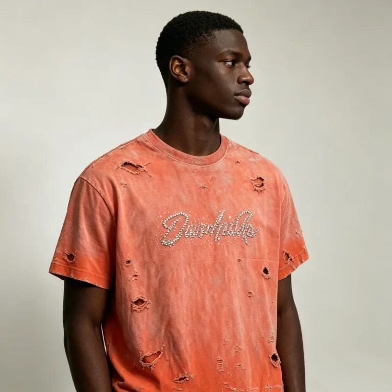 Custom-Kornit-DTG-T-Shirt-Rhinestone-Effect-Script-Print-Destroyed-Hole-Tee-Shirt-Streetwear-Fashion-Brand-Clothing