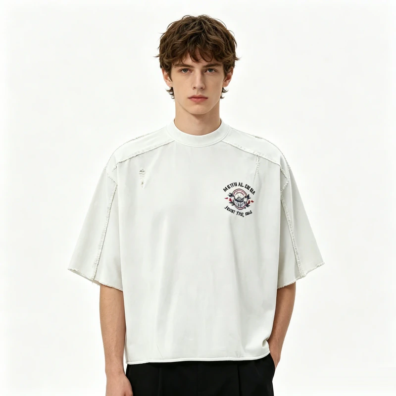 Custom-Kornit-Dtg-T-Shirt-Raw-Edge-Seam-Detail-Small-Logo-Chest-Print-Casual-Tee-OEM-Customization