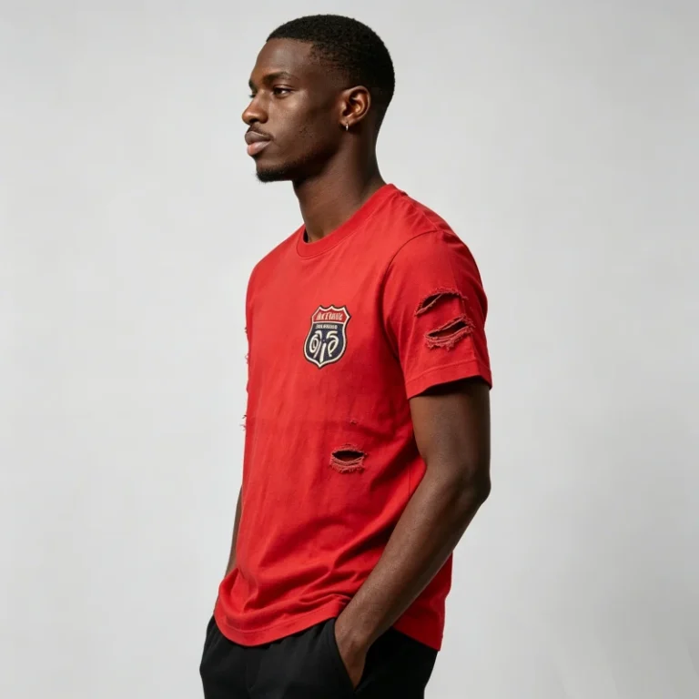 Custom-Kornit-Dtg-T-Shirt-Red-Distressed-Hole-Badge-Print-Short-Sleeve-Cotton-Tee-OEM-Factory