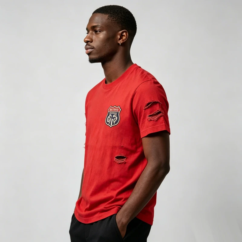 Custom-Kornit-Dtg-T-Shirt-Red-Distressed-Hole-Badge-Print-Short-Sleeve-Cotton-Tee-OEM-Factory