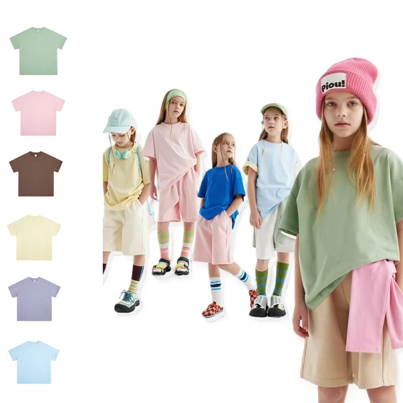 Custom-Logo-100-Cotton-Woven-Kids-T-Shirts-Round-Neck-Hip-Hop-Style-with-Embroidered-Technique-Oversized-Fit-for-Boys-Girls