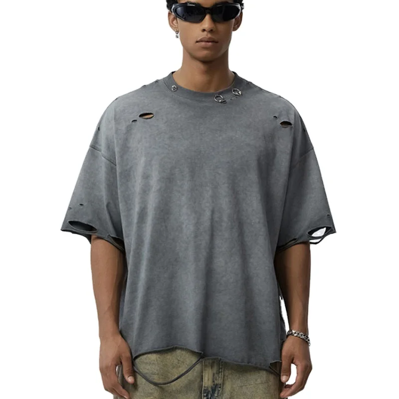 Custom-Logo-Acid-Washed-100-Cotton-T-shirt-Ripped-Hole-Distressed-Metal-Ring-Accent-Design-Neck-Baggy-T-Shirt-for-Men