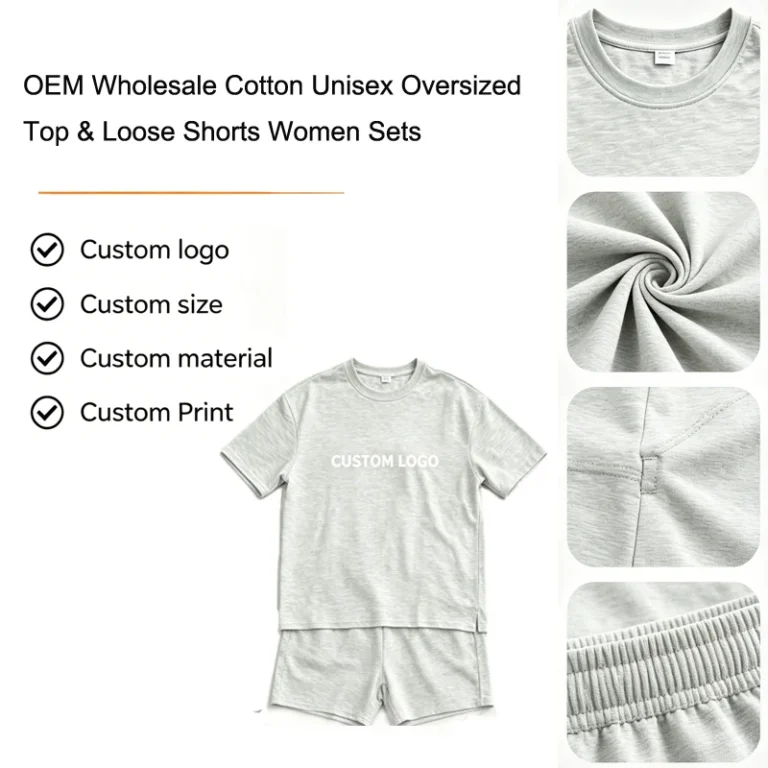 Custom-Logo-Casual-Solid-Cotton-Unisex-Oversized-Top-Loose-Fit-Shorts-Set-with-Pockets-Plus-Size-Summer-Two-Piece