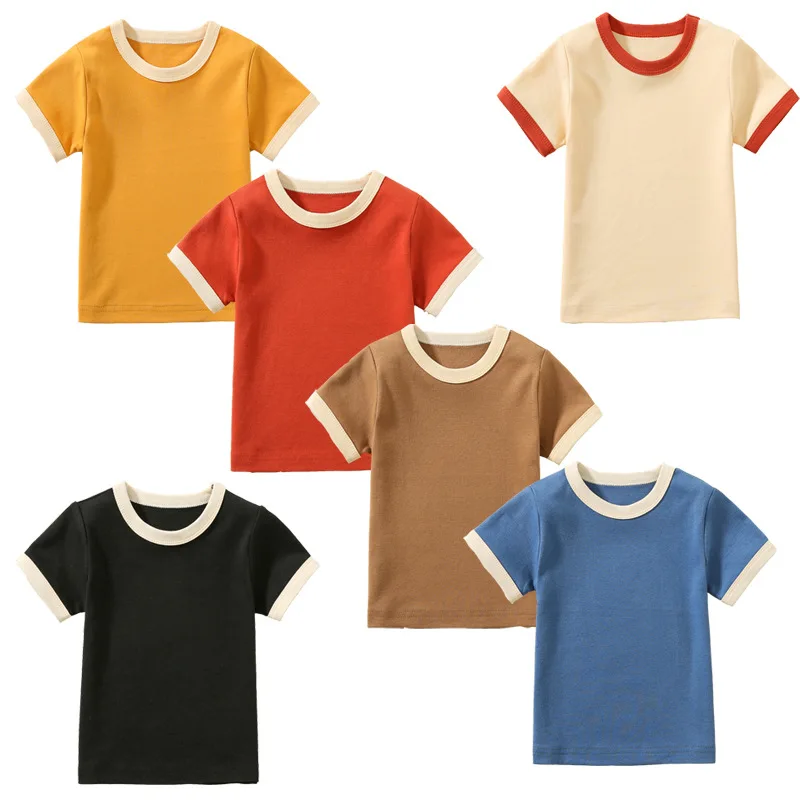 Custom-Logo-Childrens-Short-Sleeve-T-Shirt-Boys-Girls-Summer-Solid-Color-Oversize-100-Cotton-Woven-Fabric-Plain-Pattern