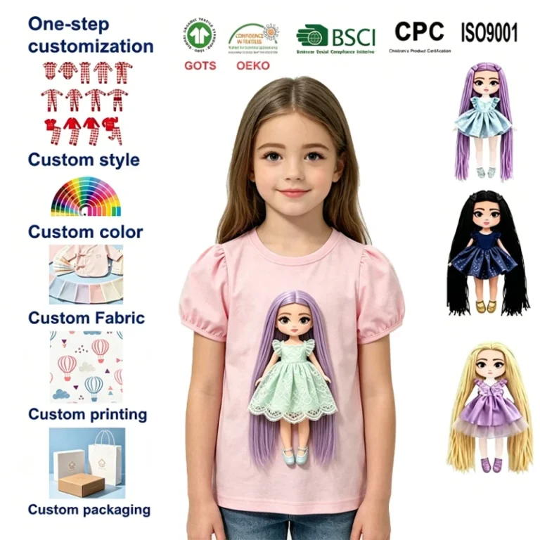 Custom-Logo-Girls-Cotton-Puff-Sleeve-T-shirt-OEM-Magic-Tape-Removable-3D-Doll-Kids-Tops-Summer-Casual