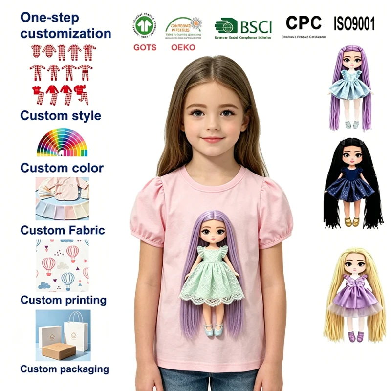 Custom-Logo-Girls-Cotton-Puff-Sleeve-T-shirt-OEM-Magic-Tape-Removable-3D-Doll-Kids-Tops-Summer-Casual