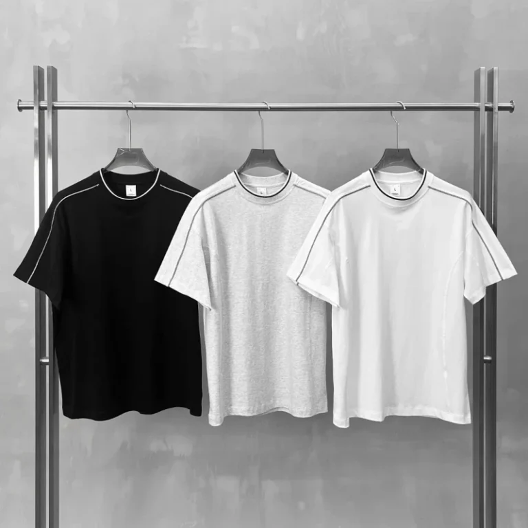 Custom-Logo-Heavyweight-Oversized-Men-T-Shirt-Striped-Mock-Neck-Contrast-Piping-Drop-Shoulder-Plain-Blank