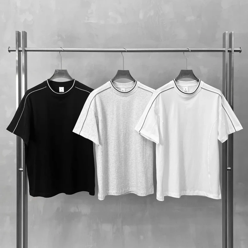 Custom-Logo-Heavyweight-Oversized-Men-T-Shirt-Striped-Mock-Neck-Contrast-Piping-Drop-Shoulder-Plain-Blank