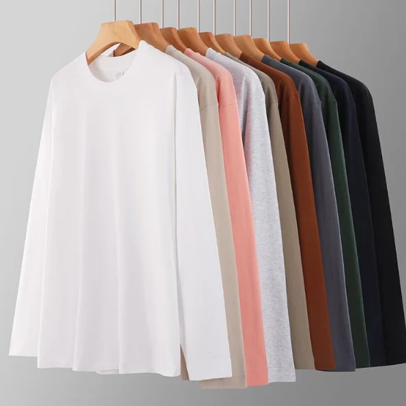 Custom-Logo-Heavyweight-T-Shirt-DTG-Crew-Neck-Solid-Colour-Plain-Blank-Mens-Shirt-Unisex-Oversized-Cotton-Long-Sleeve-Shirt